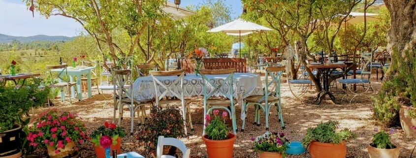 A picturesque outdoor seating area at a restaurant fitted with landscaping such as shade, furniture, plants and more to help impact a business.